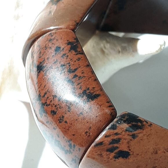 River Jasper Bracelet Natural Stone Brown Black Stretch Bangle - Picture 5 of 6